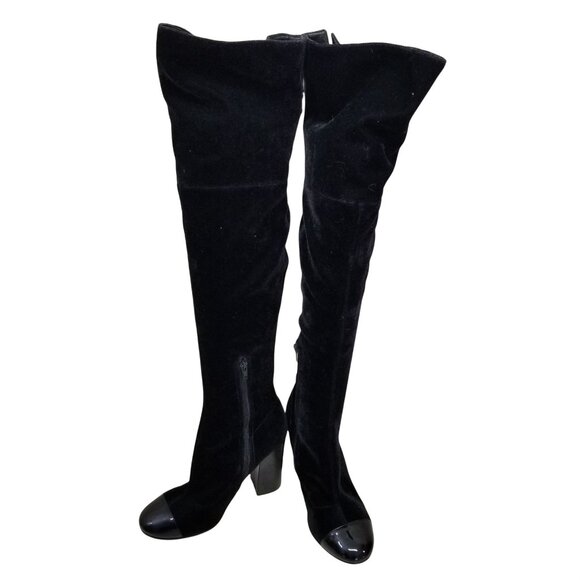 Guess 7.5 Black Velvet Thigh High Heeled Boots LOLO Patent Leather Cap Toe - Picture 3 of 10